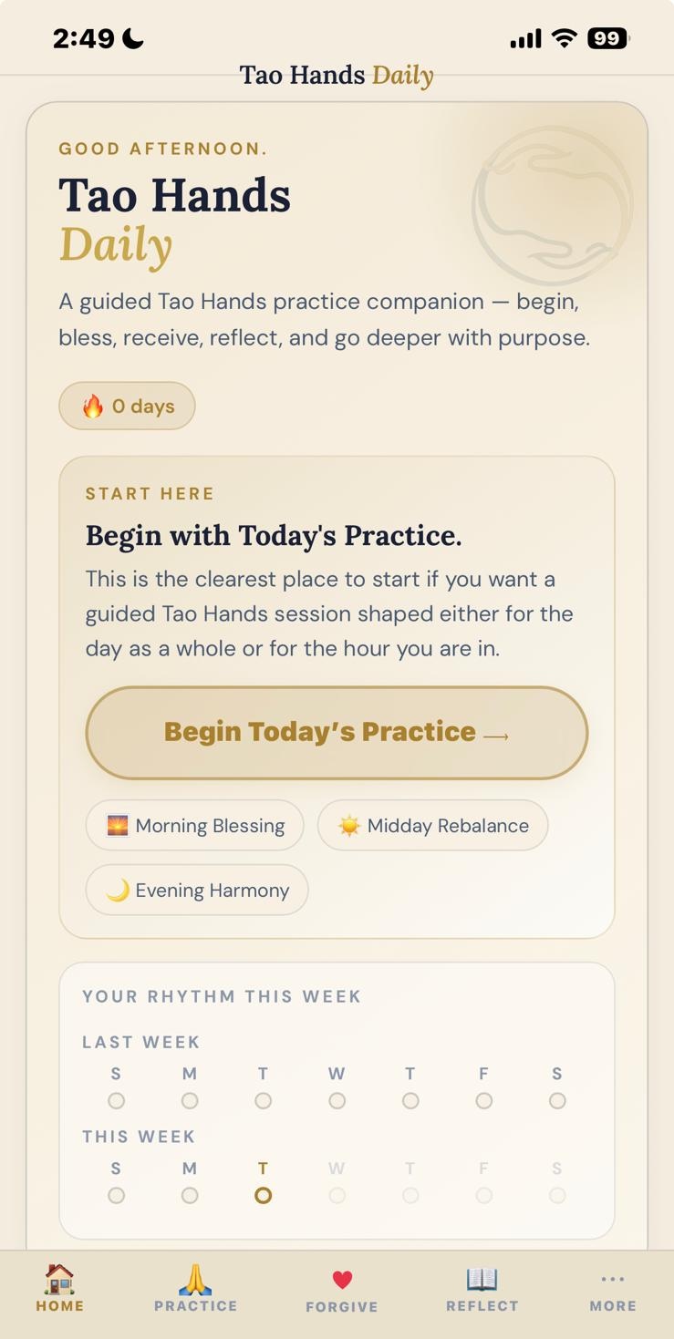 Light mode preview of the Tao Hands Daily app home screen with the updated Tao Hands Daily logo